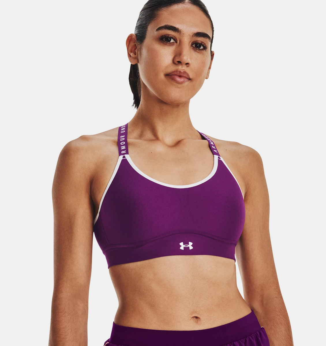 Under Armour Women's HeatGear Printed Cross Back Impact Sports Bra Purple  Size Medium 