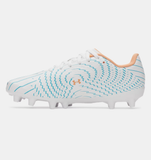 Under Armour Youth UA Shadow Select 4 FG Jr. Soccer Cleats - White / Boundless Blue / Orange Bloc - 100