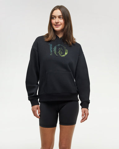 Tentree Womens Restoration Woodblock Eco-Friendly Drawcord Graphic Hoodie - Meteorite Black Lime Green