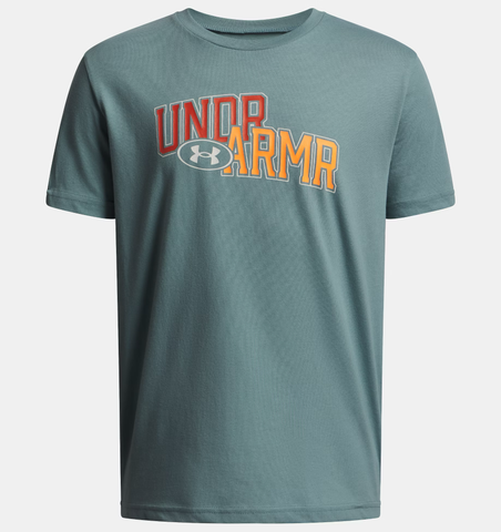 Under Armour Boys' UA Overlay Wordmark Short Sleeve - Serpentine / Blaze Orange - 323