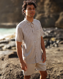 Tentree Mens Dundas Hemp Button Front Shortsleeve Shirt - Clay / Wide Pinstripe
