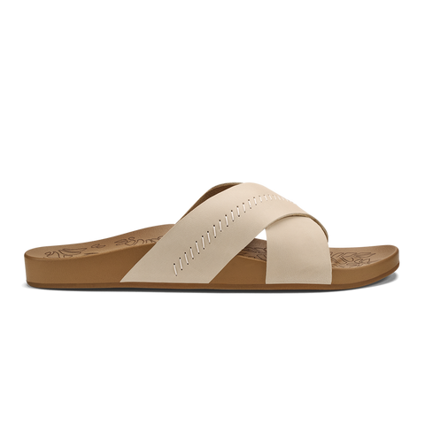 OluKai Womens Kīpe‘a ‘Olu Leather Slide Sandals - Puka / Tan