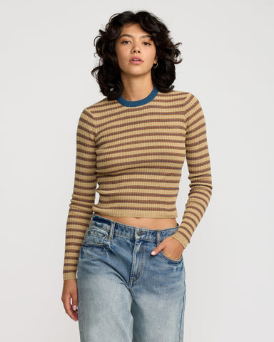 RVCA Womens Bond Stripe long Sleeve Sweater - Sand Dune