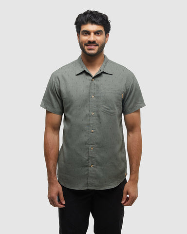 Tentree Mens Mancos Collared Short Sleeve Shirt - Agave Green Small Tree Deep Olive