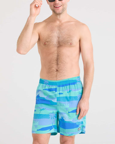 Saxx Mens Go Coastal Classic Volley 7" Swim Short - Bright Palms-Blue