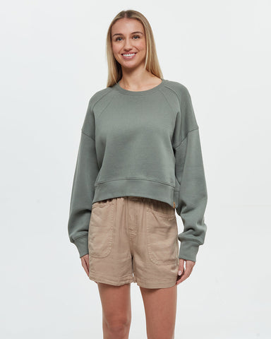 Tentree Women's Bluffs Cropped TreeFleece Oversized Cropped Crew - Agave Green