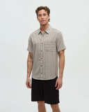 Tentree Mens Dundas Hemp Button Front Shortsleeve Shirt - Clay / Wide Pinstripe