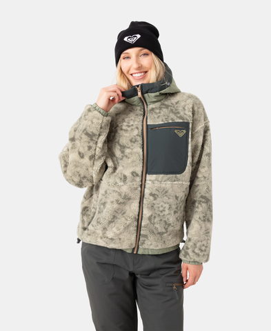Roxy Everest Hooded Sherpa Jacket - Olive Combo