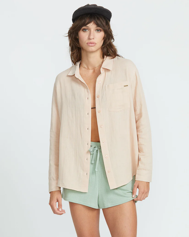 Volcom Womens Lived In Lounge Button Up Long Sleeve - Champagne Gold