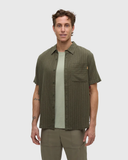 Tentree Mens Dundas Hemp Button Front Shortsleeve Shirt - Deep Olive / Double Stripe