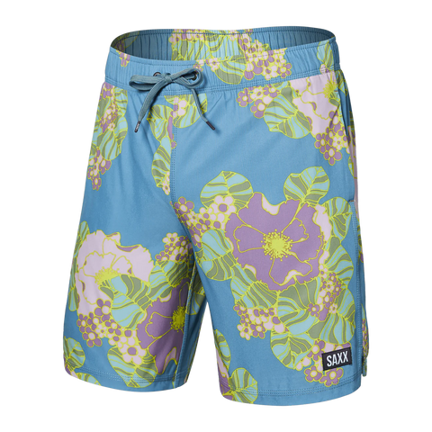Saxx Mens Oh Buoy Stretch Volley 7" Swim Short - Big Bloom - Washed Blue