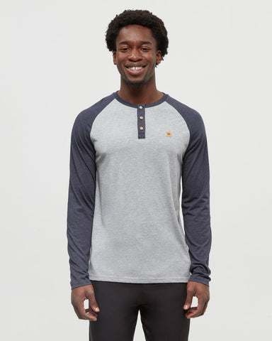 Tentree Mens Treeblend Baker Henley Longsleeve - Harbour Gray Heather/Midnight Blue Heather