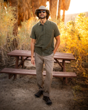 Tentree Mens Dundas Hemp Button Front Shortsleeve Shirt - Deep Olive / Double Stripe