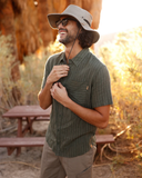 Tentree Mens Dundas Hemp Button Front Shortsleeve Shirt - Deep Olive / Double Stripe