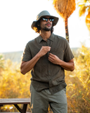 Tentree Mens Dundas Hemp Button Front Shortsleeve Shirt - Deep Olive / Double Stripe