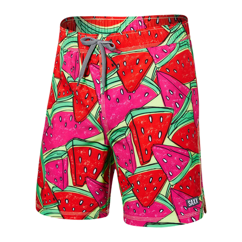 Saxx Mens Oh Buoy Stretch Volley 7" Swim Short - Mega Mega Melon - Red