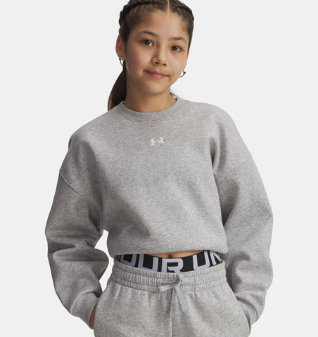 Under Armour Girls' UA Rival Fleece Oversized Crew - Mod Gray Light Heather / White - 011
