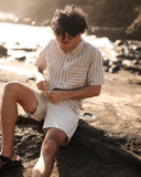Tentree Mens Dundas Hemp Button Front Shortsleeve Shirt - Clay / Wide Pinstripe