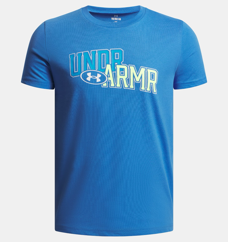 Under Armour Boys' UA Overlay Wordmark Short Sleeve - Blue Atlantis / High Vis Yellow - 402